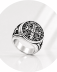 ANELLO CROCE DI SAN BENEDETTO IN ACCIAIO INOX - Colore argento - Clorophilla Shop