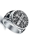 ANELLO CROCE DI SAN BENEDETTO IN ACCIAIO INOX - Colore argento - Clorophilla Shop
