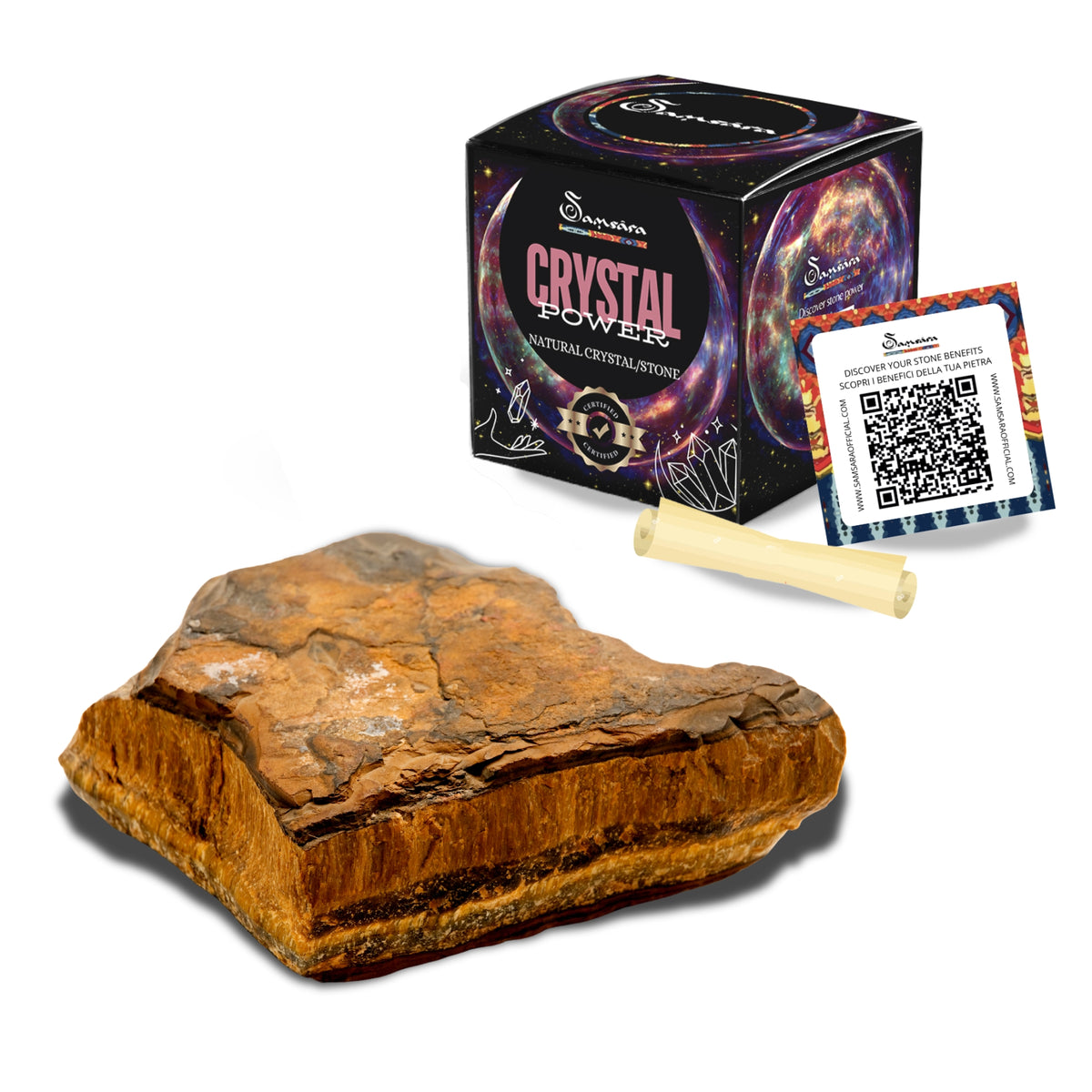 SAMSARA - OCCHIO DI TIGRE Pietra Grezza Naturale con Confezione Regalo e Foglietto Informativo | Scopri su Clorophilla Shop