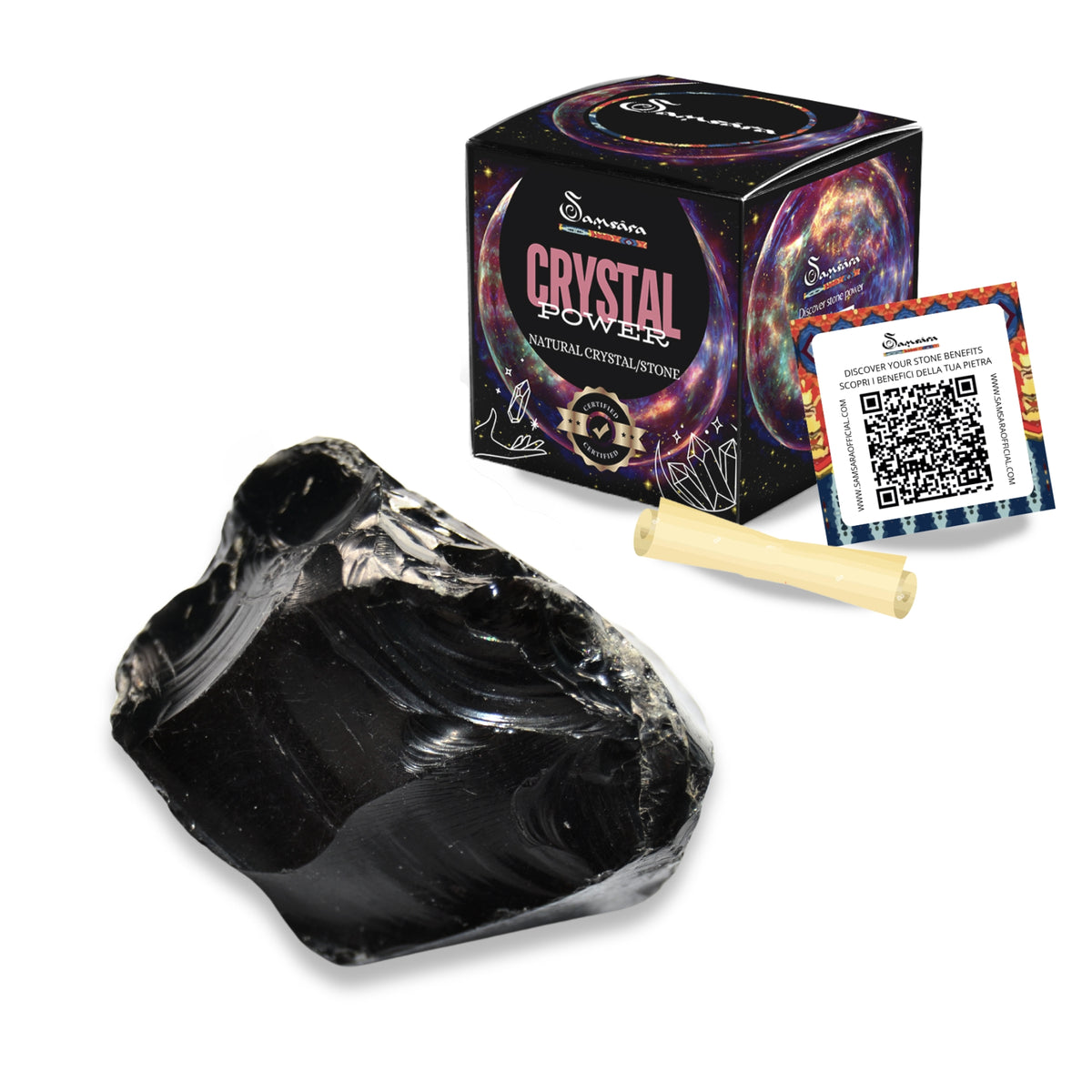 SAMSARA - OSSIDIANA NERA Pietra Grezza Naturale con Confezione Regalo e Foglietto Informativo | Scopri su Clorophilla Shop