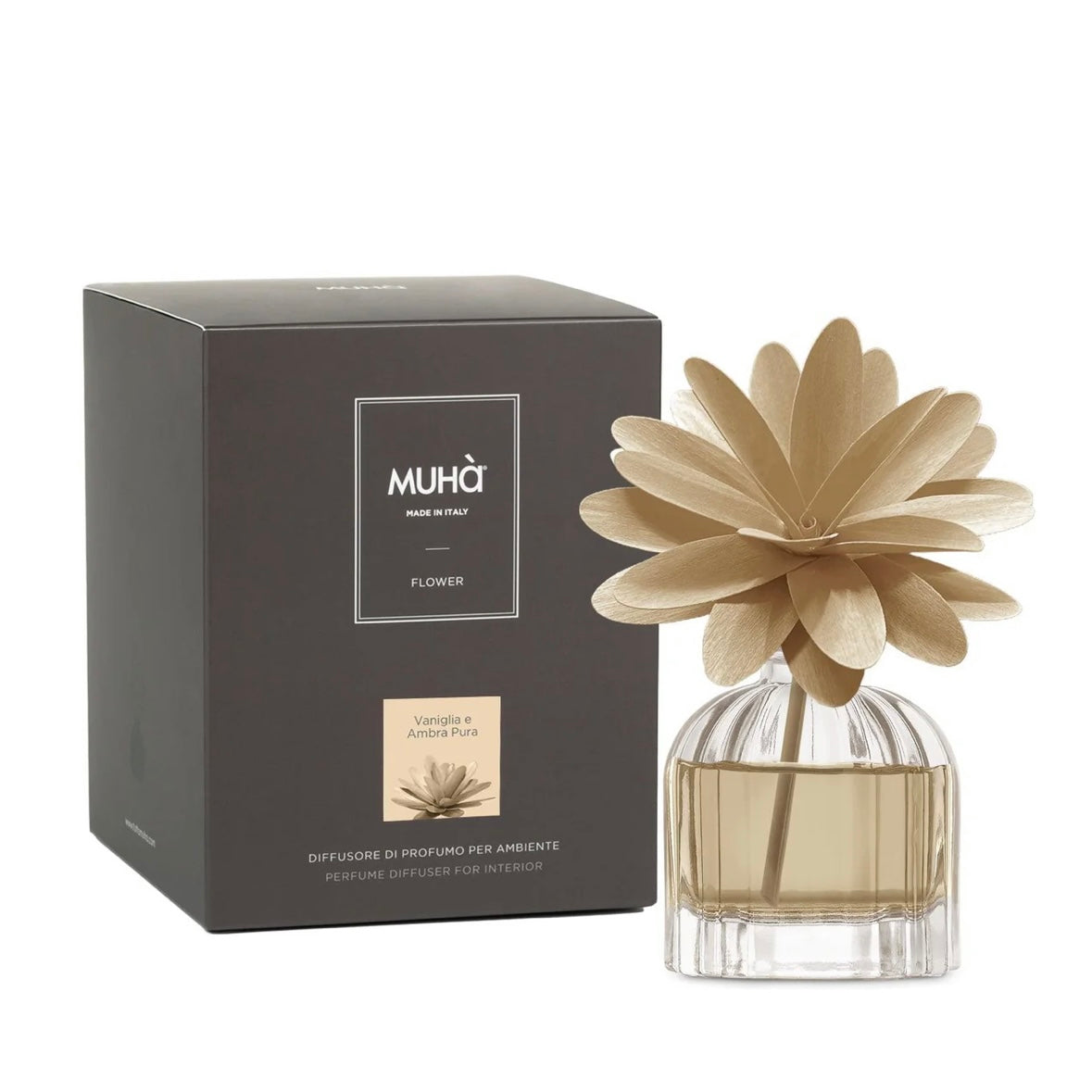 MUHÀ Flower Diffuser Profumatore d'ambiente con fiore - Vaniglia e Ambra pura | Scopri su Clorophilla Shop
