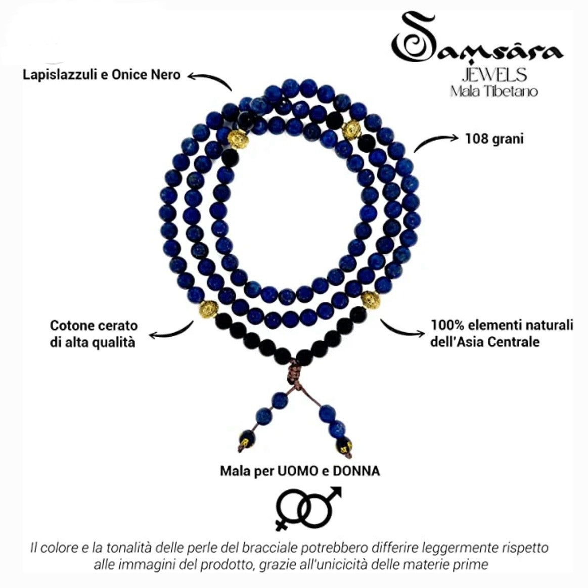 SAMSARA MALA TIBETANA IN LAPISLAZZULI E ONICE NERO - Chiarezza, protezione e forza interiore | Scopri su Clorophilla Shop