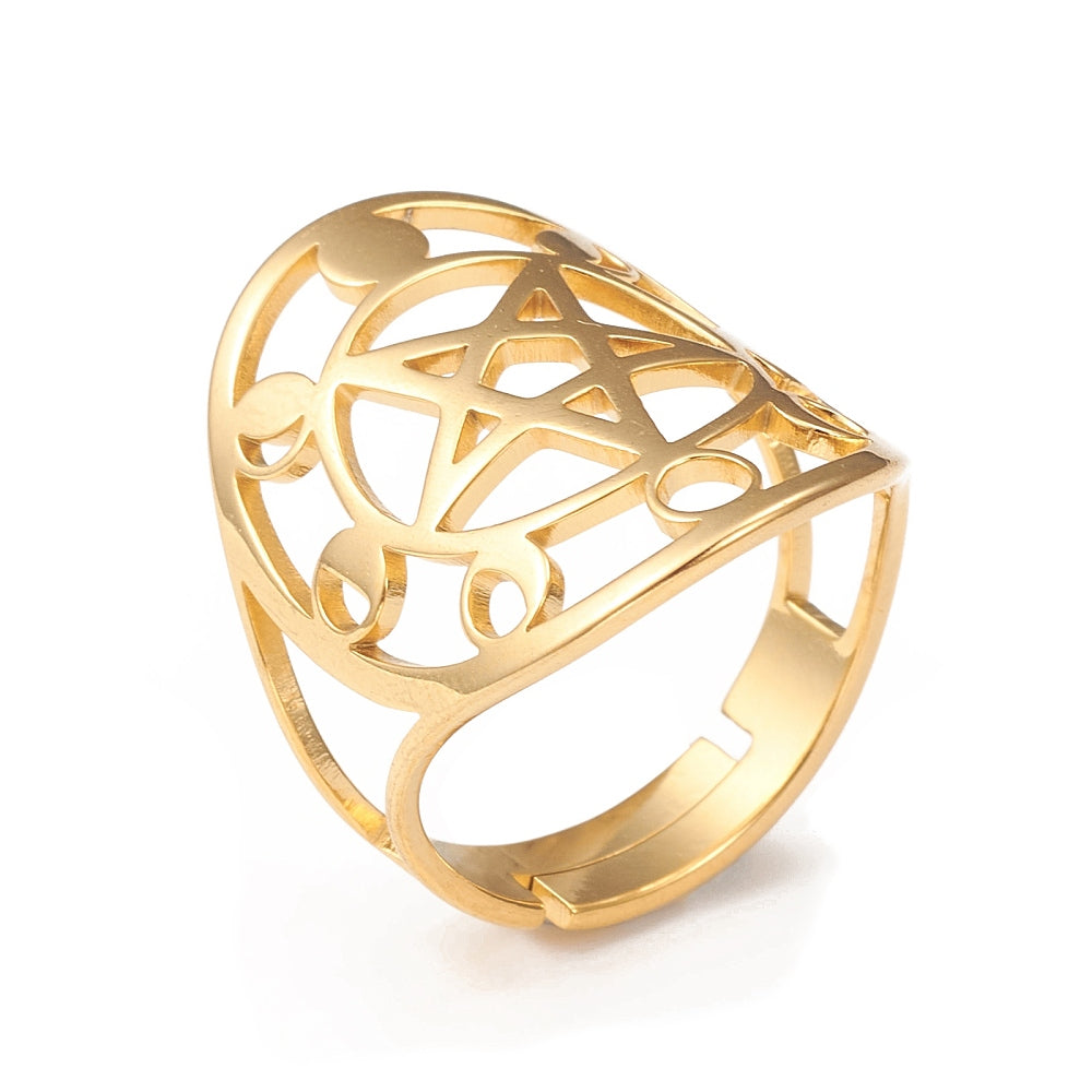 ANELLO FASI LUNARI PENTAGRAMMA - Acciaio inox oro | Scopri su Clorophilla Shop