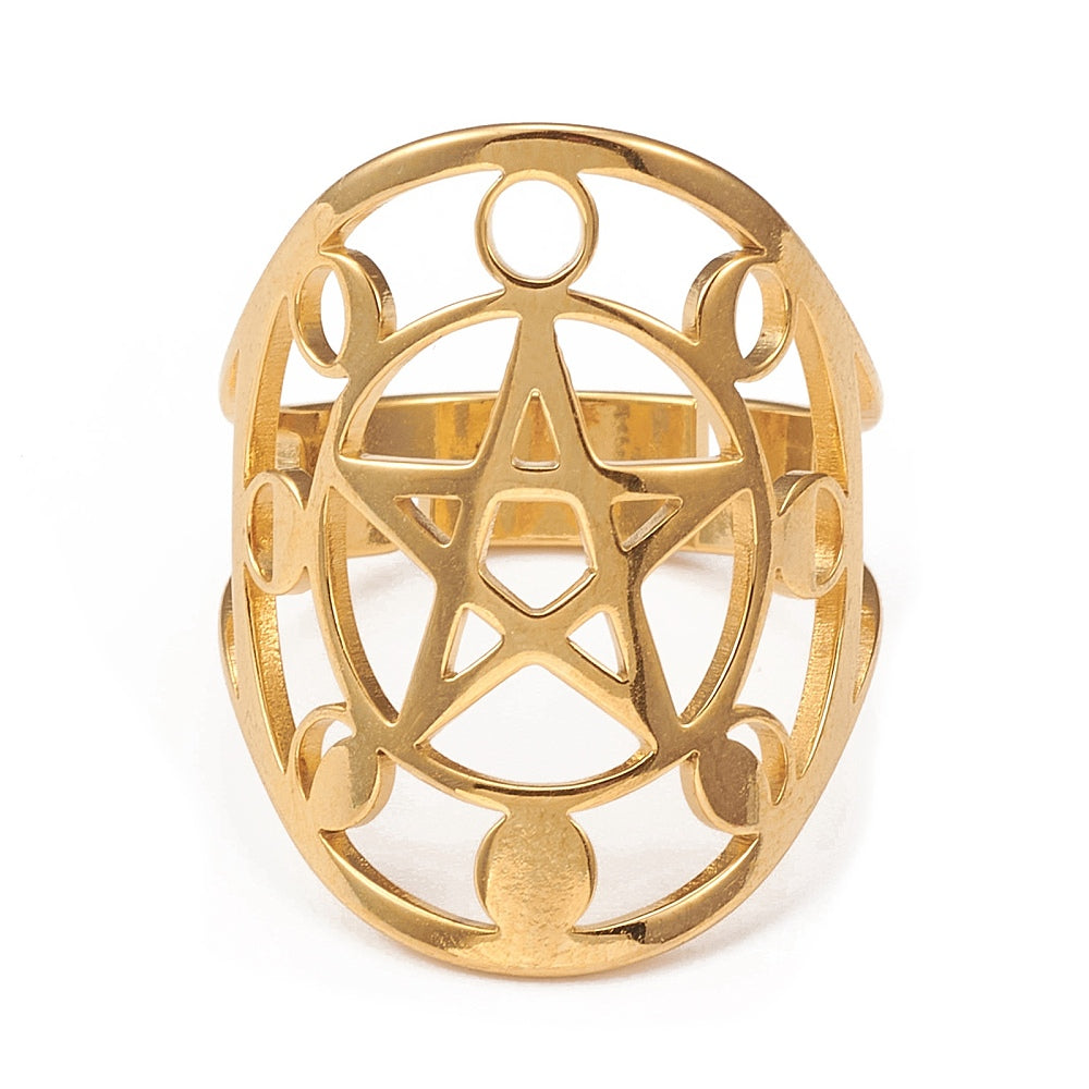 ANELLO FASI LUNARI PENTAGRAMMA - Acciaio inox oro | Scopri su Clorophilla Shop