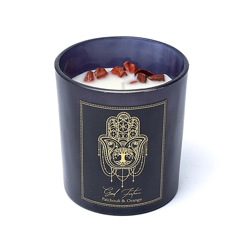 Good Fortune Candela con pietre di Diaspro Rosso - Patchouli e Arancia | Scopri su Clorophilla Shop