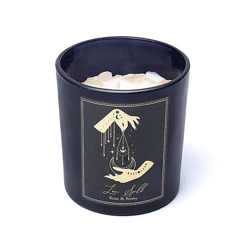 Love Spell Candela con pietre di Quarzo Rosa - Rosa e Peonia | Scopri su Clorophilla Shop