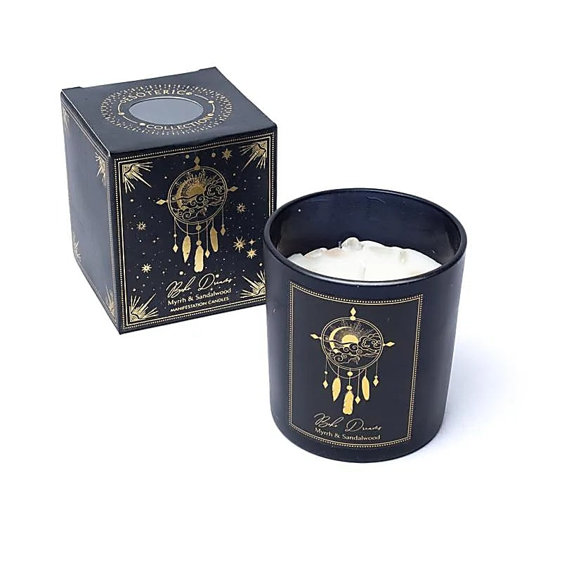 Boho Dreams Candela con pietre di Cristallo di Rocca - Mirra e Sandalo | Scopri su Clorophilla Shop