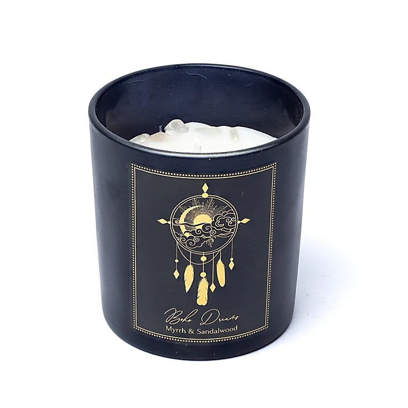 Boho Dreams Candela con pietre di Cristallo di Rocca - Mirra e Sandalo | Scopri su Clorophilla Shop