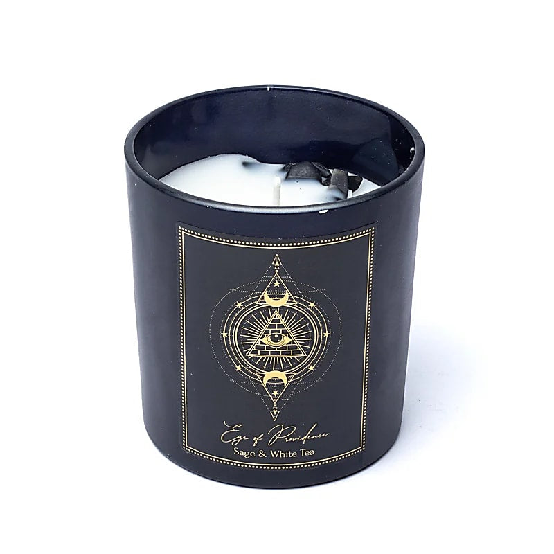 Eye of Providence Candela con pietre di Ossidiana Nera - Salvia e Tè Bianco | Scopri su Clorophilla Shop
