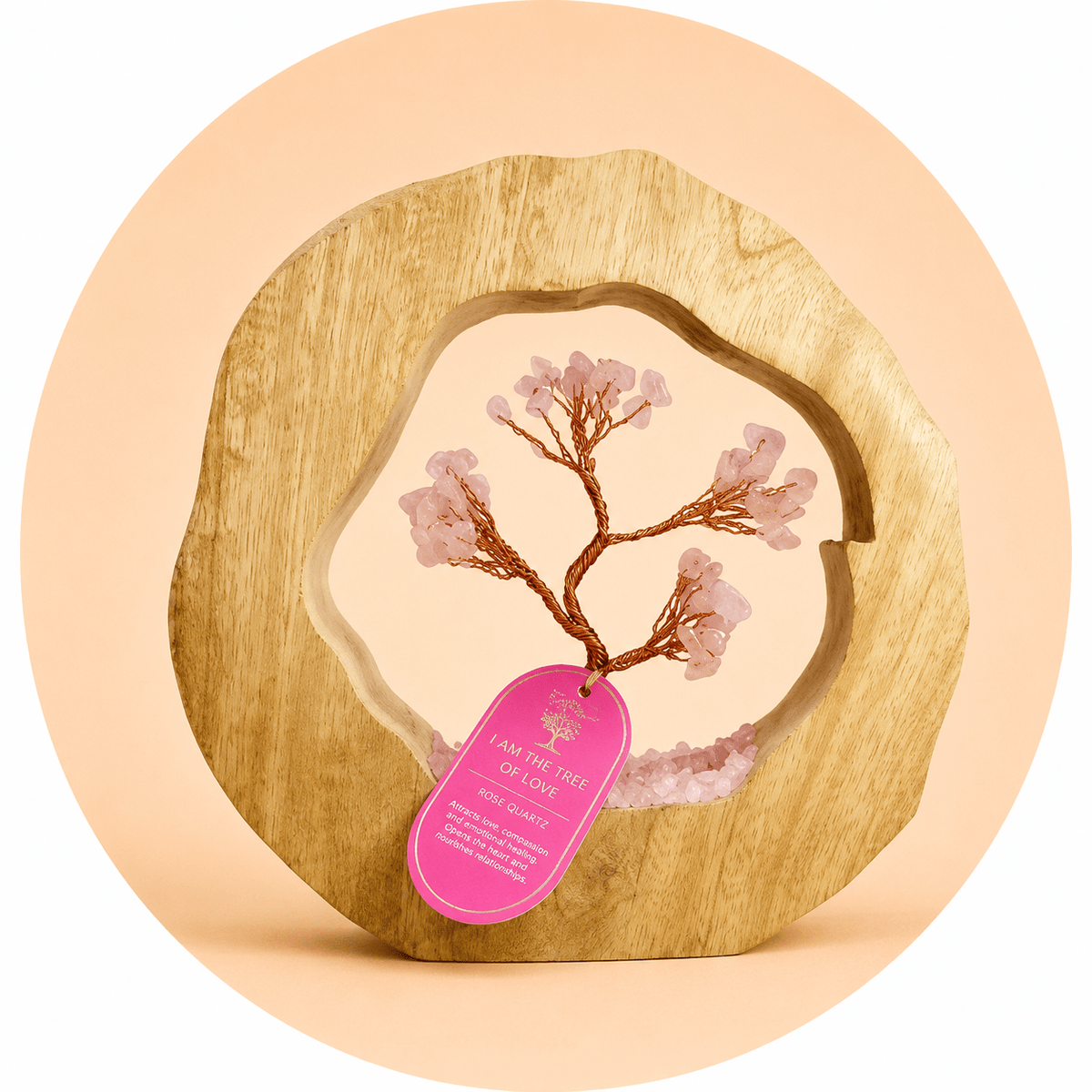 ALBERO IN QUARZO ROSA CON ANELLO IN MANGO - Amore e armonia - Clorophilla Shop