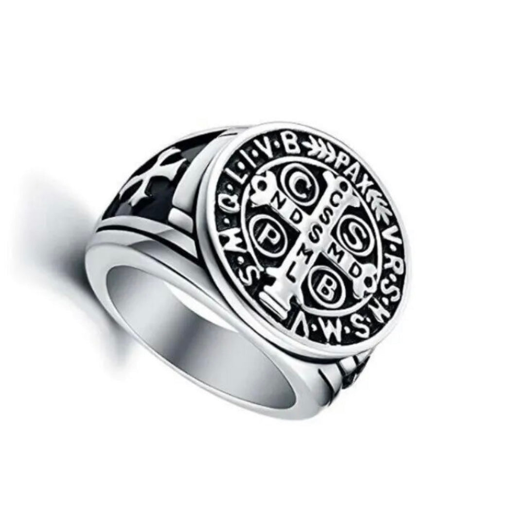 ANELLO CROCE DI SAN BENEDETTO IN ACCIAIO INOX - Colore argento - Clorophilla Shop