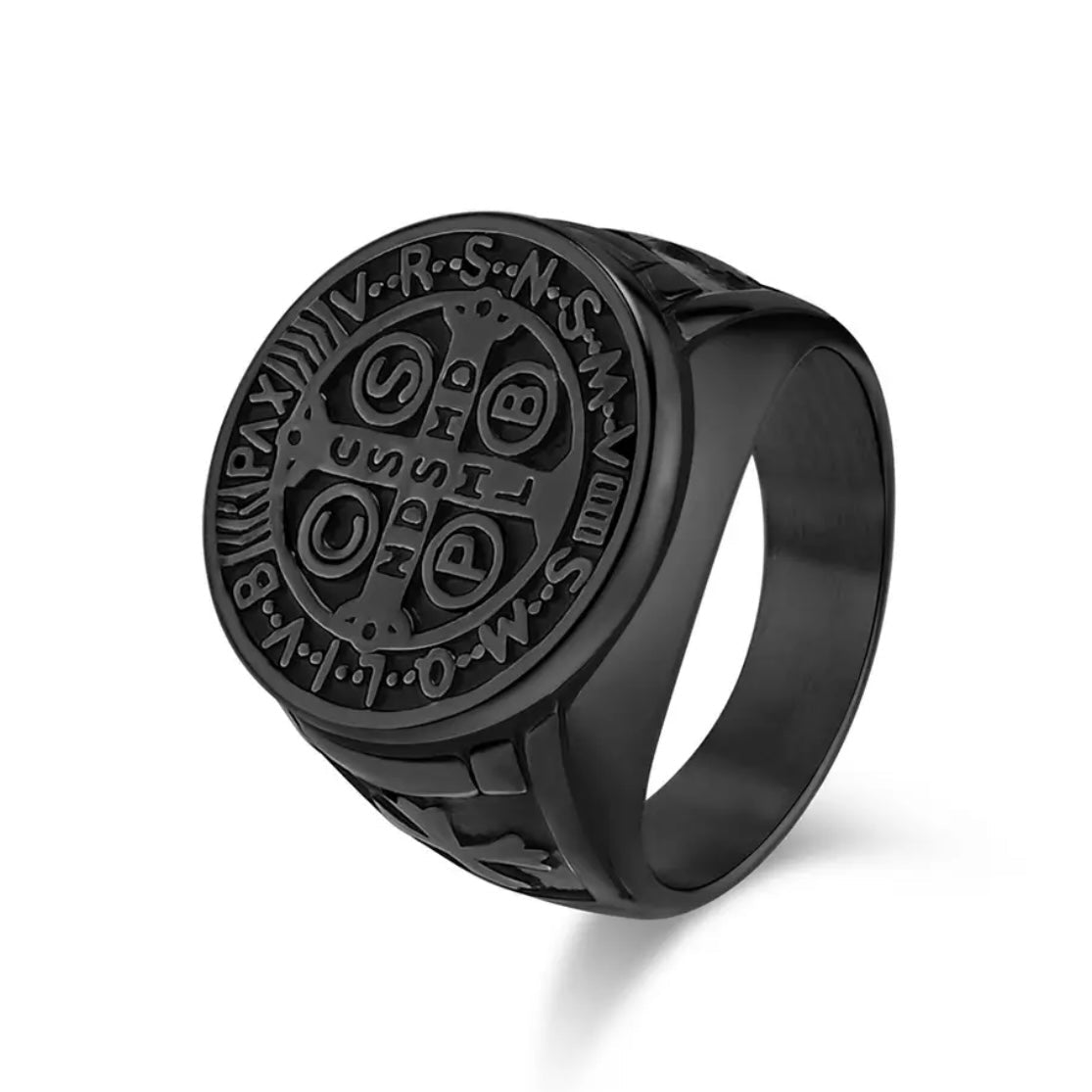 ANELLO CROCE DI SAN BENEDETTO IN ACCIAIO INOX - Colore nero - Clorophilla Shop