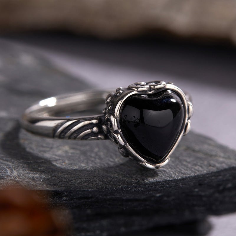 ANELLO CUORE DI AGATA NERA IN ARGENTO 925 - Protezione e forza - Clorophilla Shop