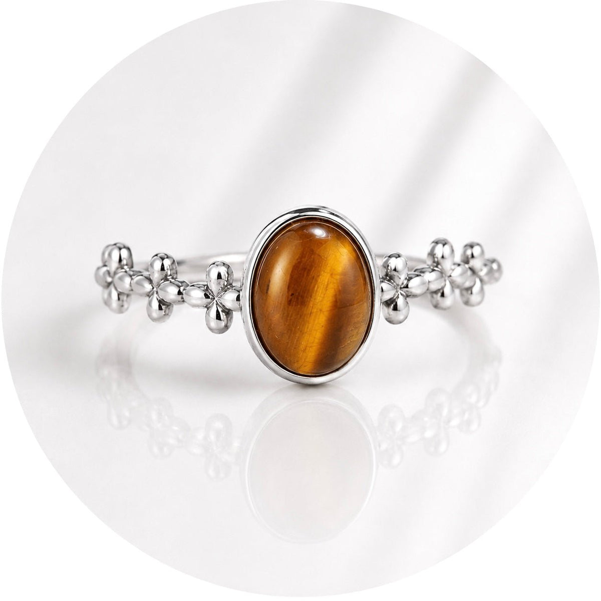 ANELLO FLOREALE CON OCCHIO DI TIGRE IN ARGENTO 925 - Forza e determinazione - Clorophilla Shop