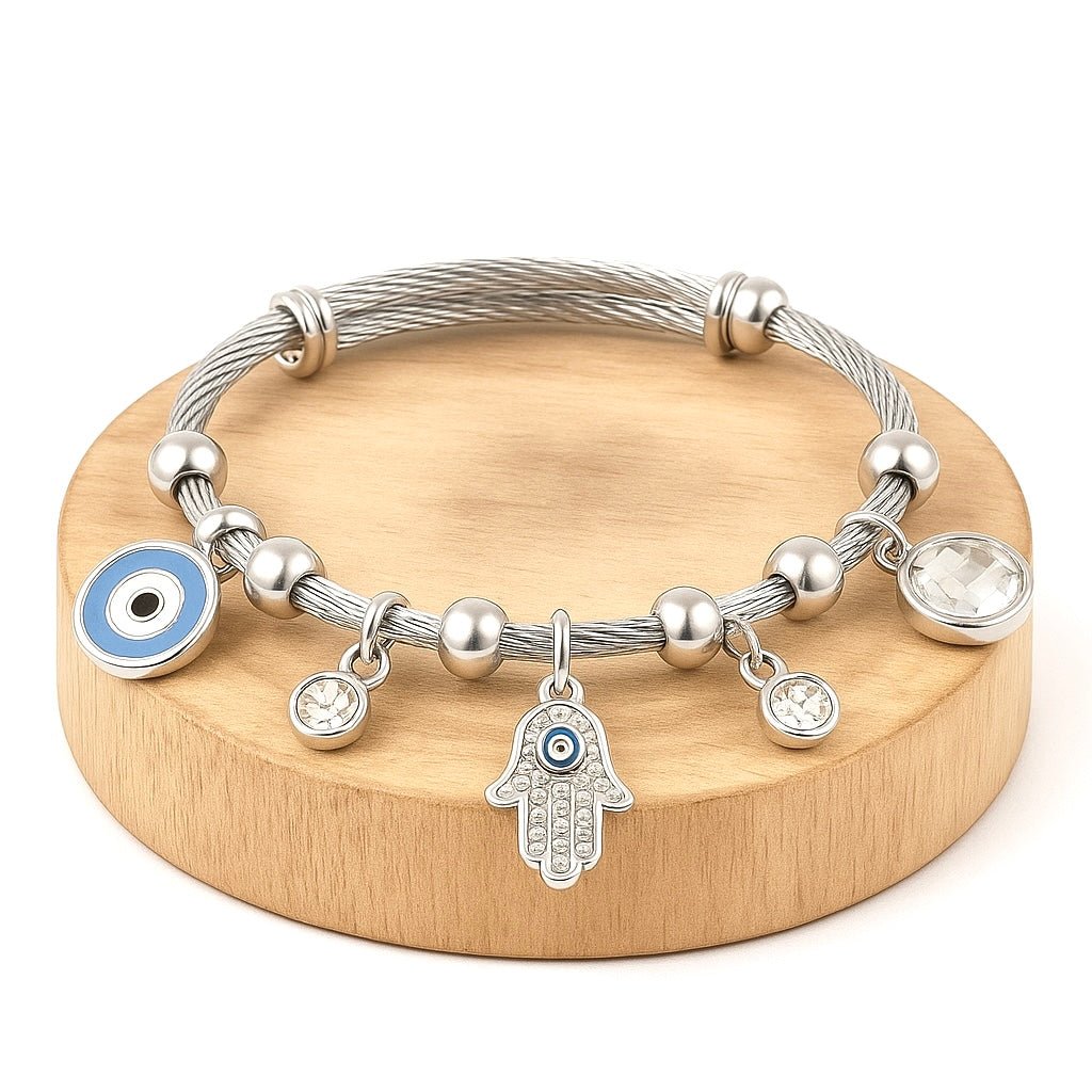 BRACCIALE AMULETO NAZAR ACCIAIO INOX ARGENTO - Protezione malocchio - Clorophilla Shop