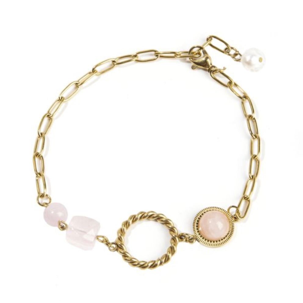 Bracciale con cubo sfaccettato in Quarzo rosa - Acciaio inox - Clorophilla Shop
