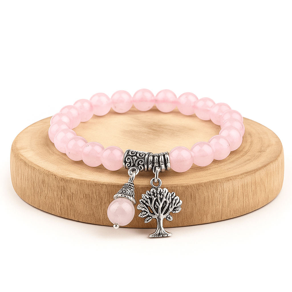 BRACCIALE IN QUARZO ROSA CON ALBERO DELLA VITA - Amore e armonia - Clorophilla Shop