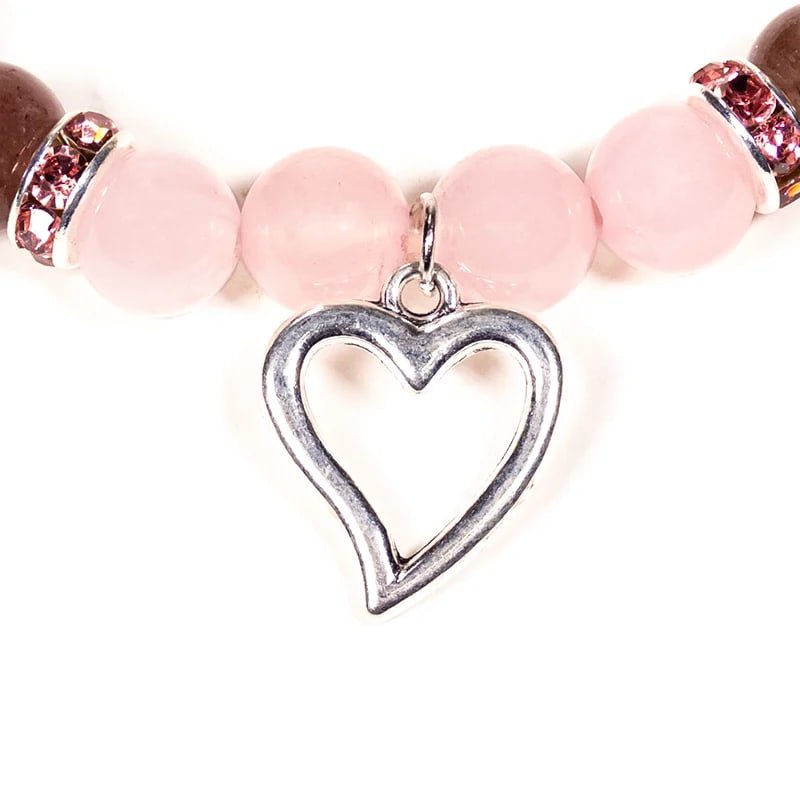 BRACCIALE IN QUARZO ROSA E QUARZO FRAGOLA CON CUORE - Calma e amore - Clorophilla Shop