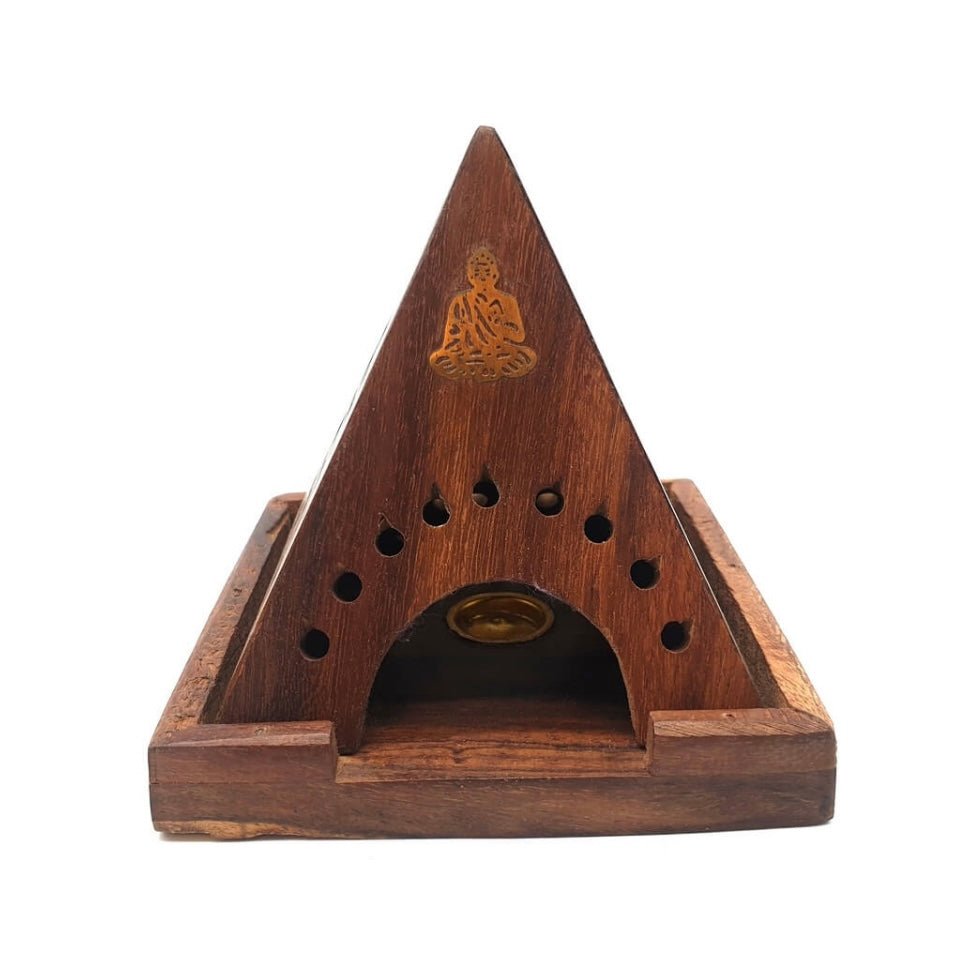 Bruciaincenso in legno piramide con Buddha - Portaincenso coni - Clorophilla Shop