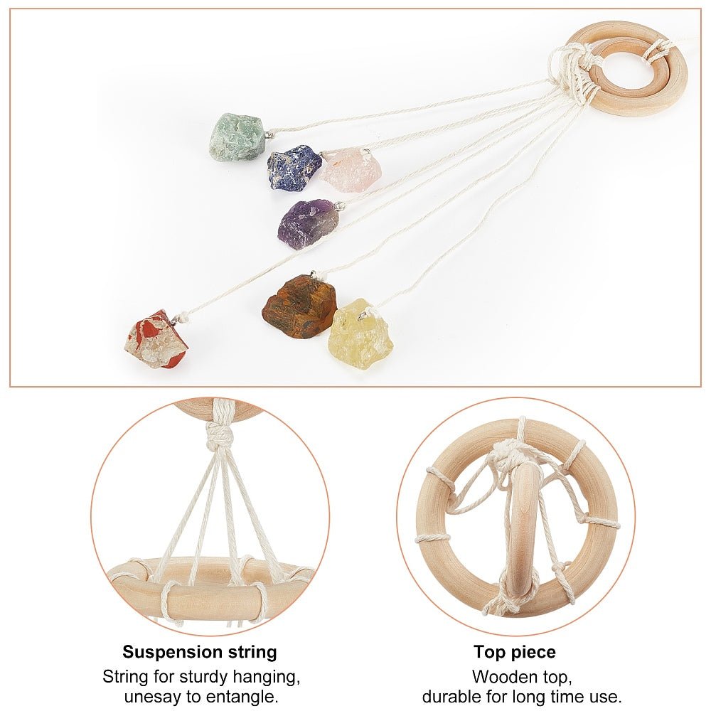 Campana a vento chakra con 7 pietre grezze - Decorazione casa 49cm - Clorophilla Shop