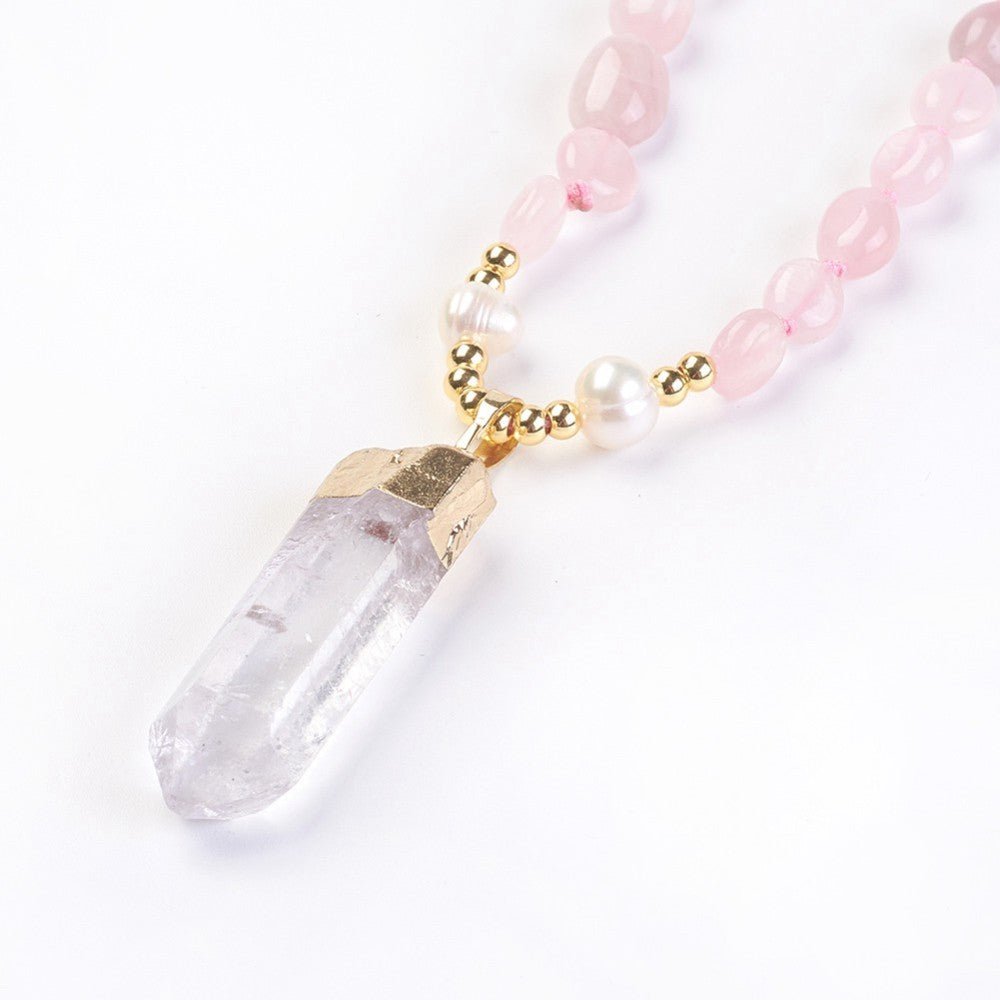 Collana in Quarzo Rosa con Punta in Cristallo di Rocca – Amore e Armonia - Clorophilla Shop