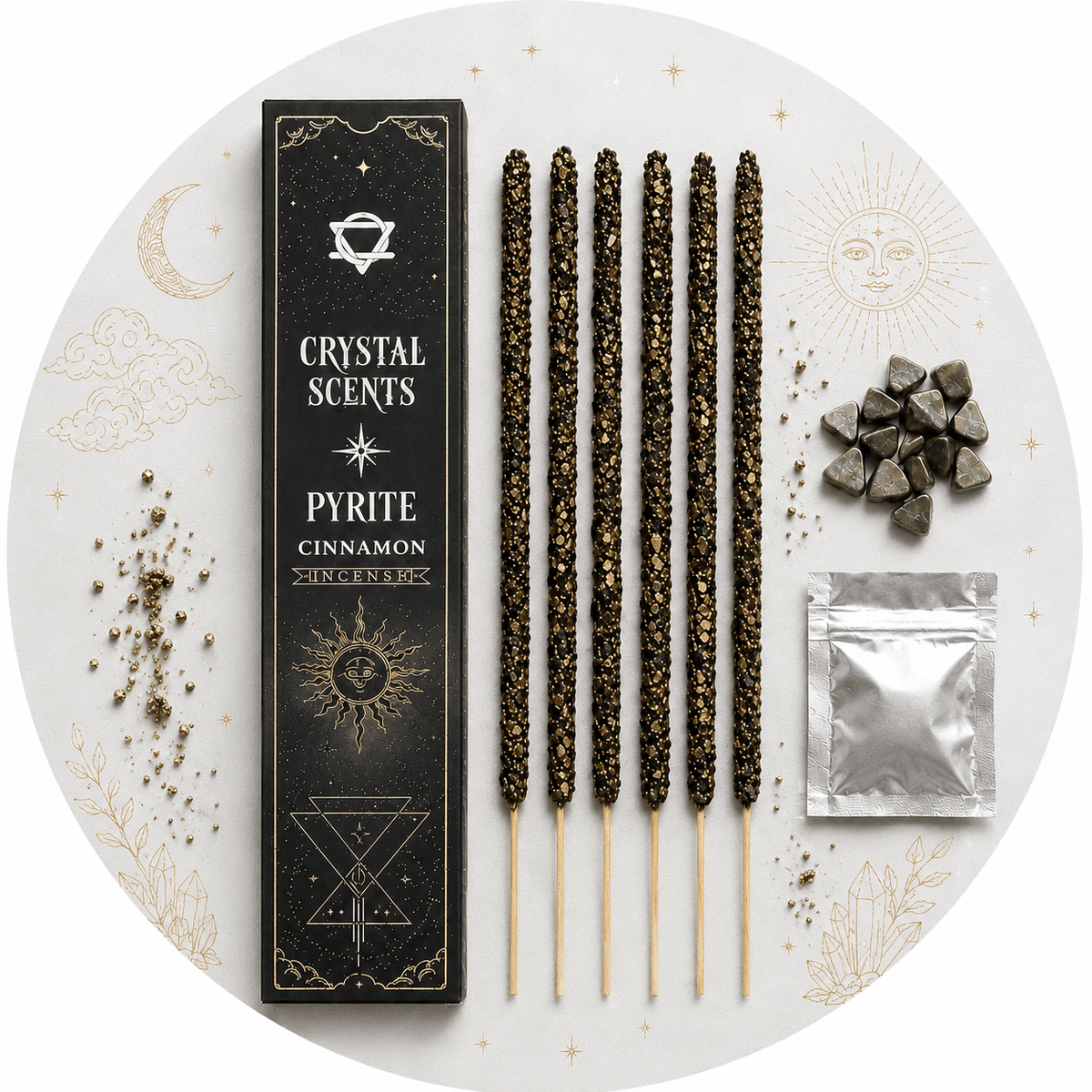 CRYSTAL SCENTS INCENSO IN BASTONCINI E CHIPS DI PIETRA NATURALE - Pirite - Clorophilla Shop