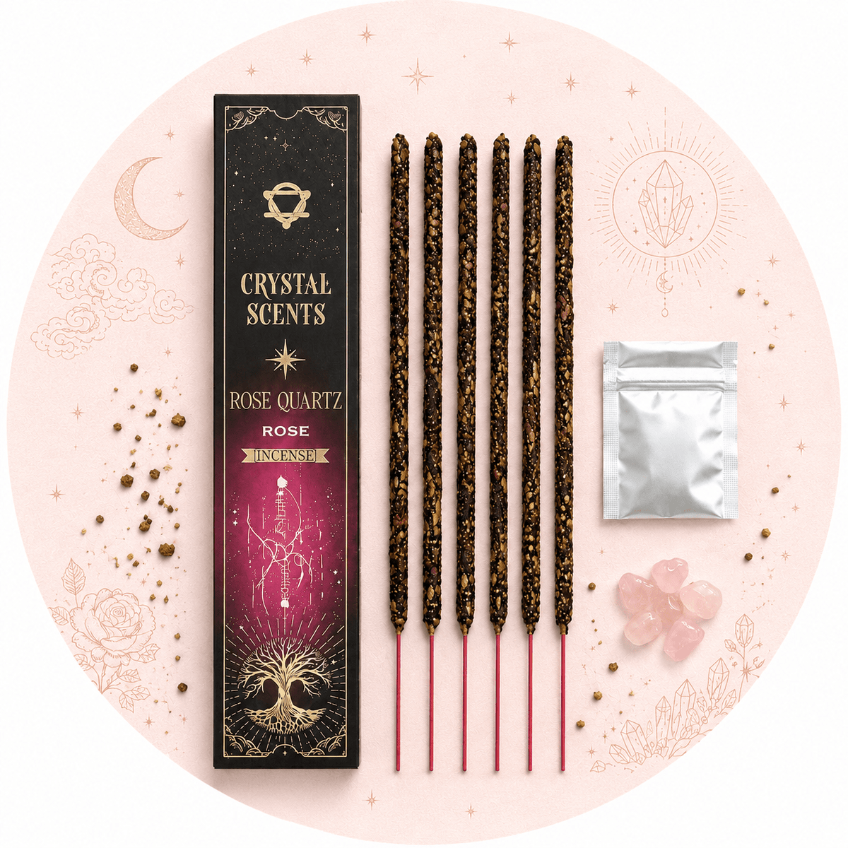 CRYSTAL SCENTS INCENSO IN BASTONCINI E CHIPS DI PIETRA NATURALE - Quarzo rosa - Clorophilla Shop