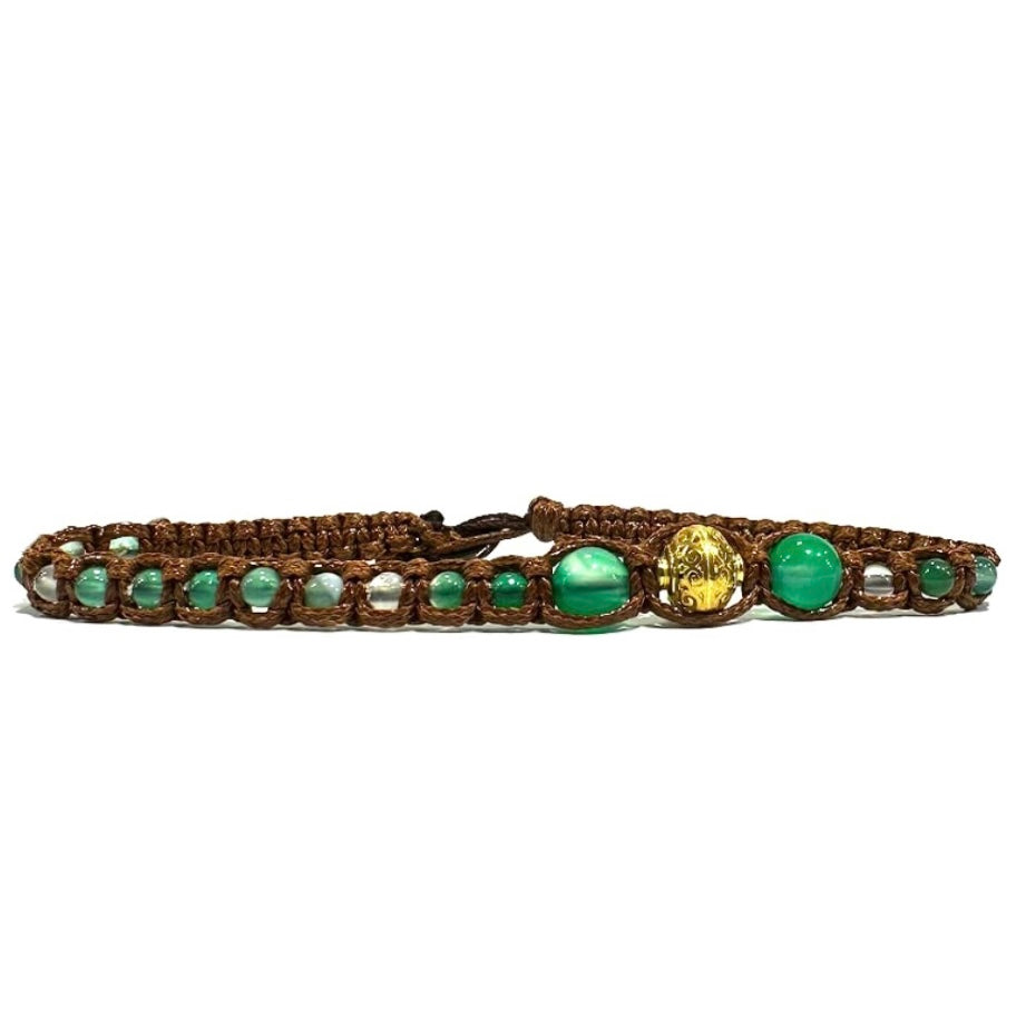 Samsara Cavigliera tibetana Shamballa con pietre - AGATA VERDE STRIATA FILO MARRONE | Scopri su Clorophilla Shop