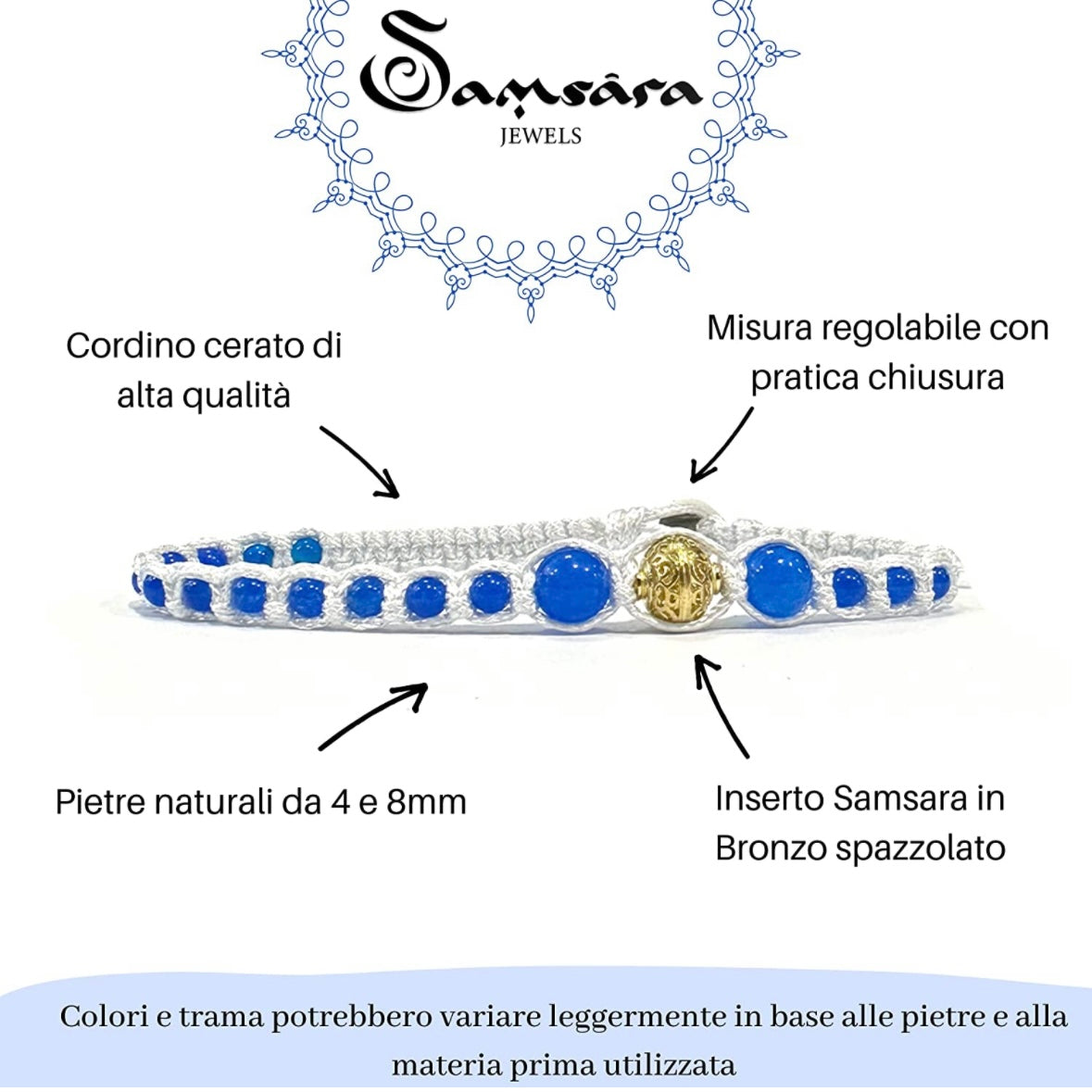 Samsara Cavigliera tibetana Shamballa con pietre - AGATA GIALLA FILO BLU | Scopri su Clorophilla Shop