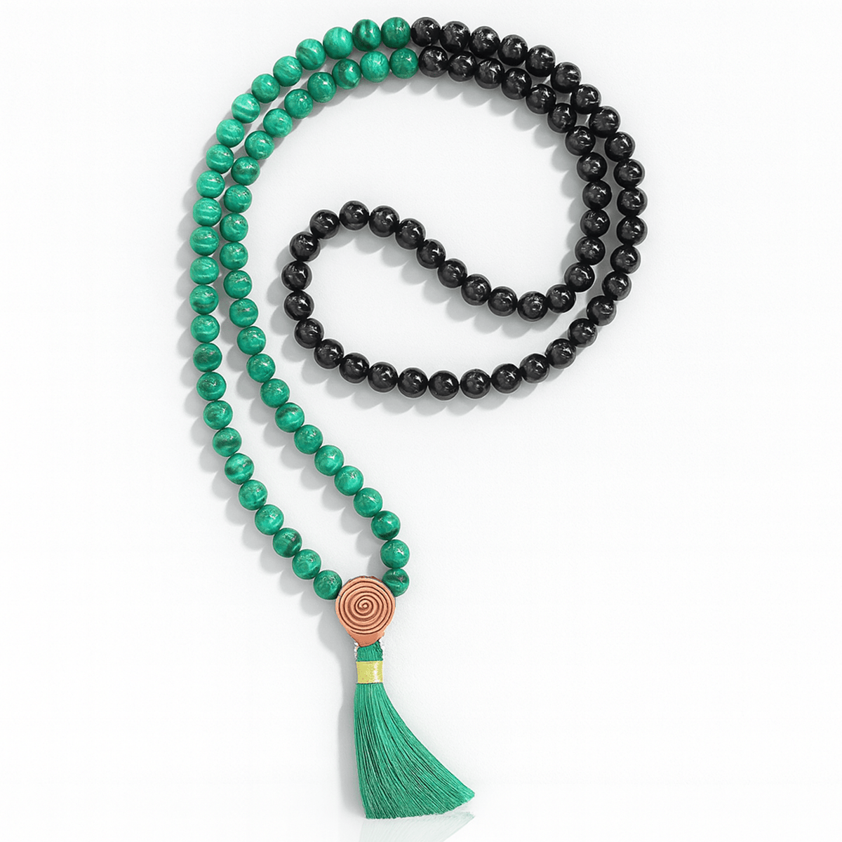 MALA TIBETANA IN MALACHITE E TORMALINA NERA - Cambiamento profondo, protezione e trasformazione - Clorophilla Shop