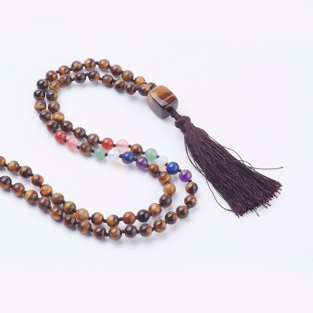 Mala Tibetana in Occhio di Tigre 7 chakra con Nappa - Collana Rosario 108 Perle - Clorophilla Shop