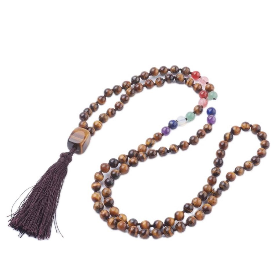 Mala Tibetana in Occhio di Tigre 7 chakra con Nappa - Collana Rosario 108 Perle - Clorophilla Shop