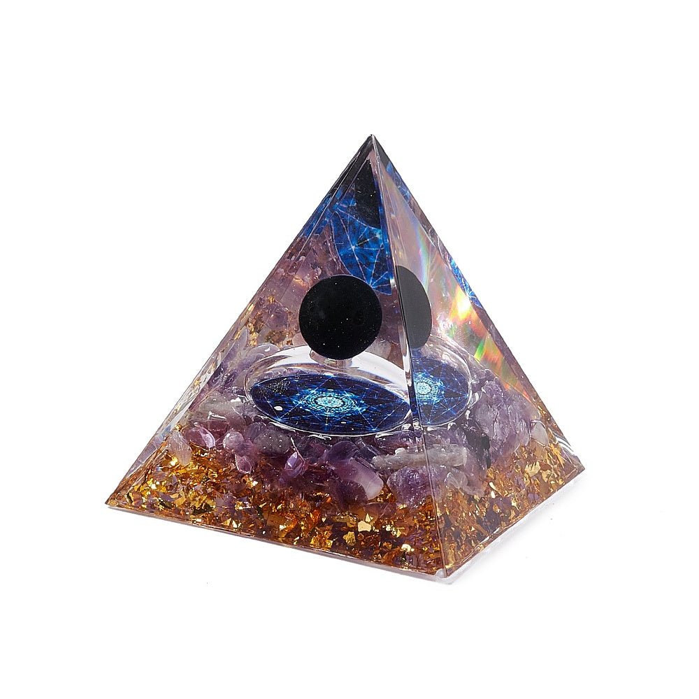 Piramide orgonica con lamina oro - Ametista e Ossidiana - Clorophilla Shop