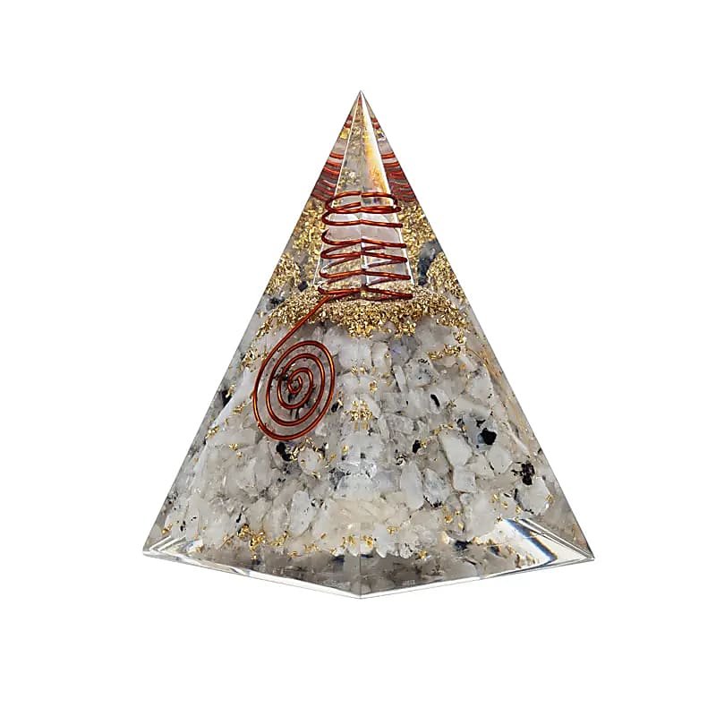 PIRAMIDE ORGONITE IN PIETRA DI LUNA CON SIMBOLO LUNA - Equilibrio e fertilità - Clorophilla Shop