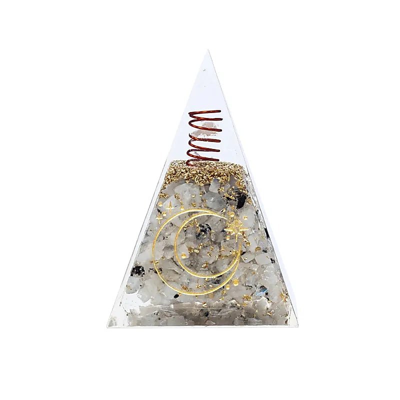 PIRAMIDE ORGONITE IN PIETRA DI LUNA CON SIMBOLO LUNA - Equilibrio e fertilità - Clorophilla Shop