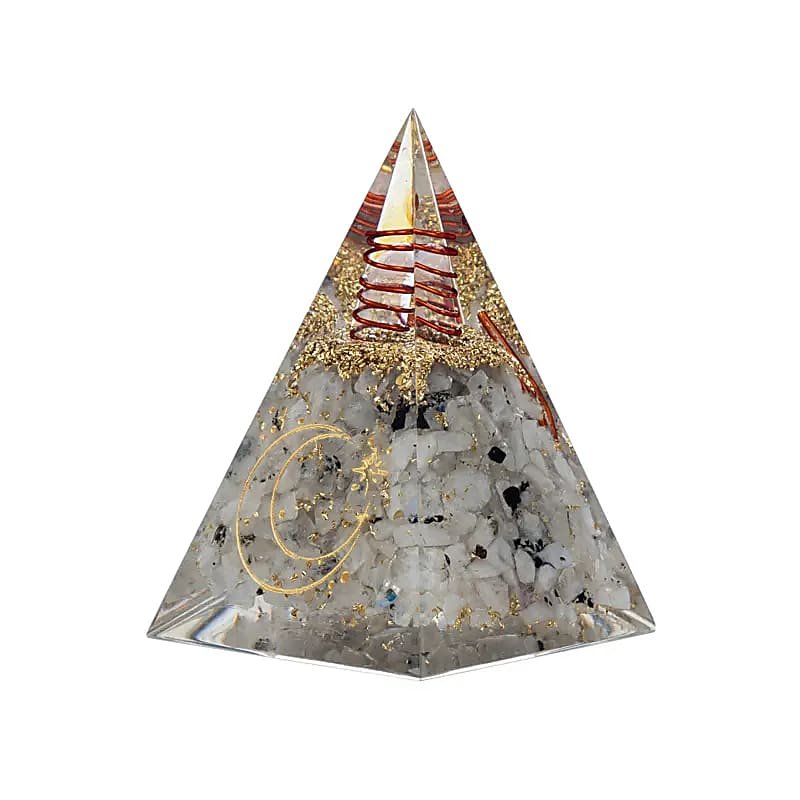 PIRAMIDE ORGONITE IN PIETRA DI LUNA CON SIMBOLO LUNA - Equilibrio e fertilità - Clorophilla Shop