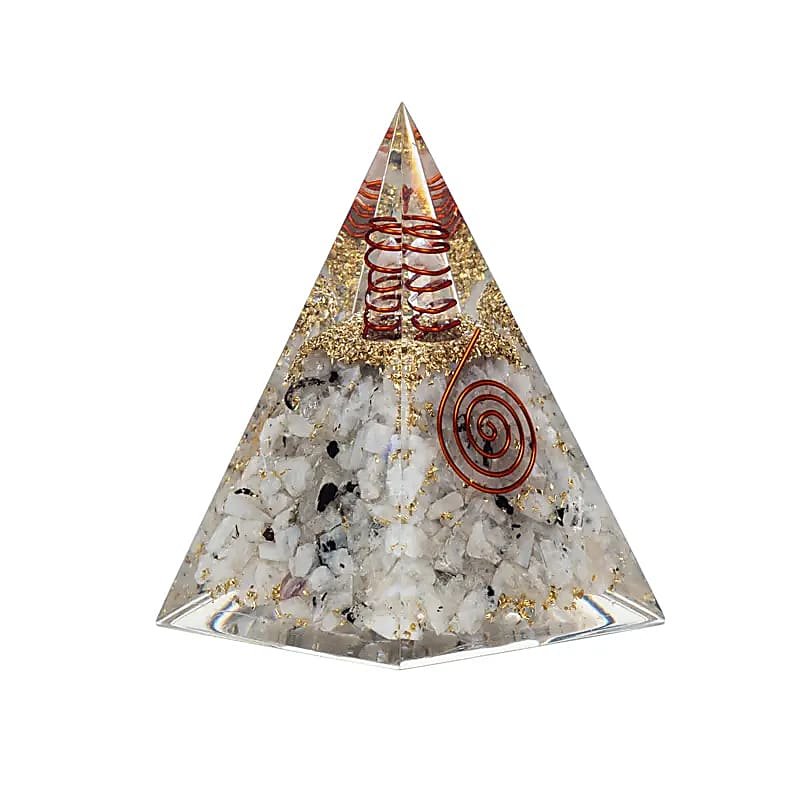 PIRAMIDE ORGONITE IN PIETRA DI LUNA CON SIMBOLO LUNA - Equilibrio e fertilità - Clorophilla Shop