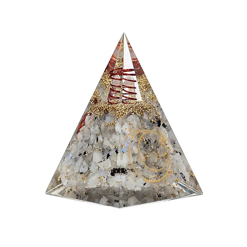 PIRAMIDE ORGONITE IN PIETRA DI LUNA CON SIMBOLO LUNA - Equilibrio e fertilità - Clorophilla Shop