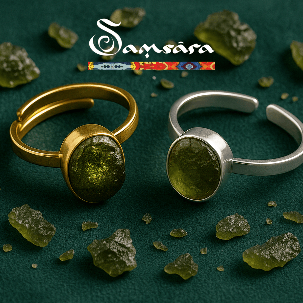 Samsara - Anello Moldavite in argento 925 naturale con garanzia, regolabile - Clorophilla Shop