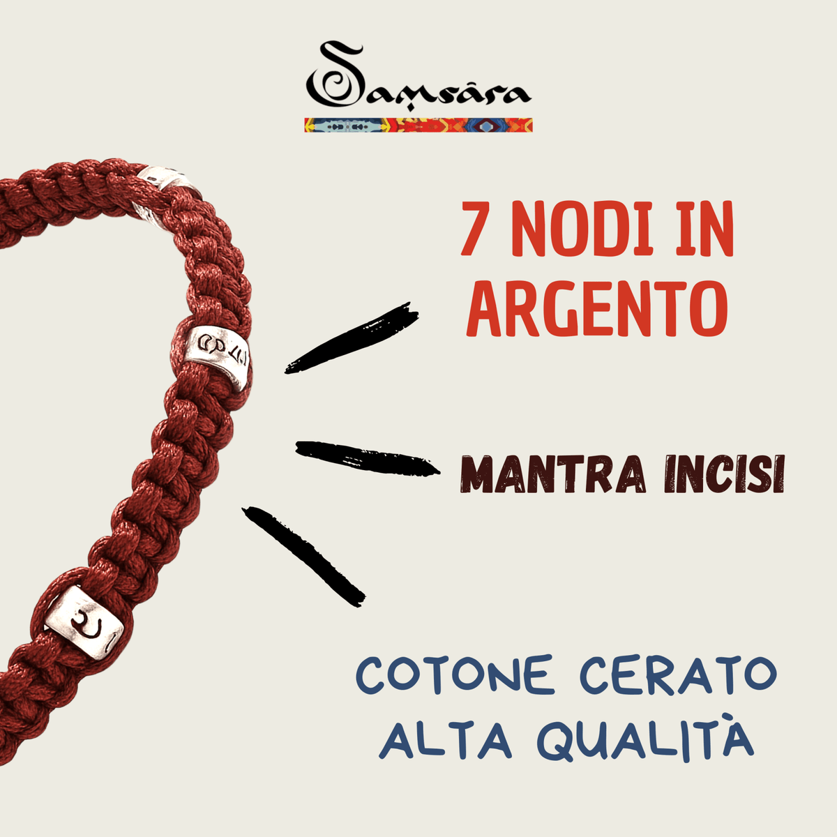 SAMSARA BRACCIALE 7 NODI IN ARGENTO - Fortuna e protezione - Clorophilla Shop