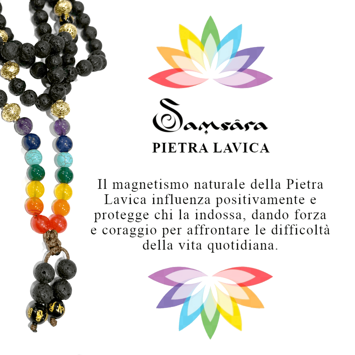Samsara collana tibetana 7 CHAKRA con 7 pietre e Lava Nera - Mala 108 grani - Rosario Buddista Religioso - Clorophilla Shop