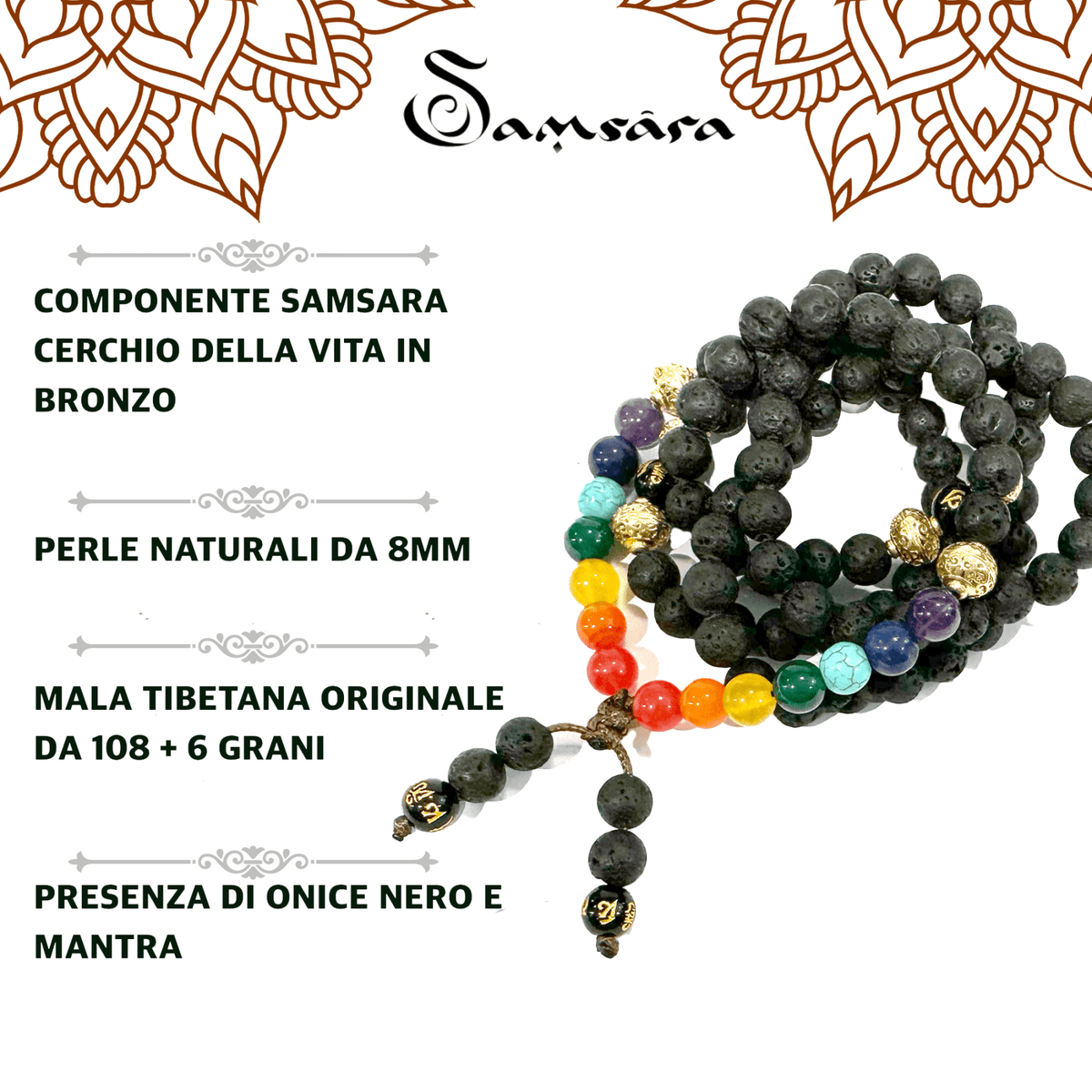 Samsara collana tibetana 7 CHAKRA con 7 pietre e Lava Nera - Mala 108 grani - Rosario Buddista Religioso - Clorophilla Shop