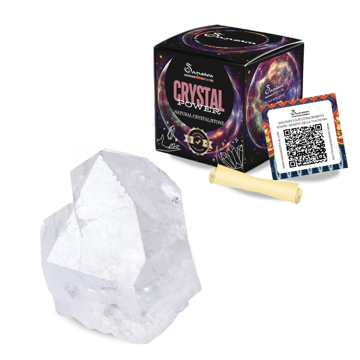 SAMSARA - CRISTALLO DI ROCCA Pietra Grezza Naturale con Confezione Regalo e Foglietto Informativo - Clorophilla Shop