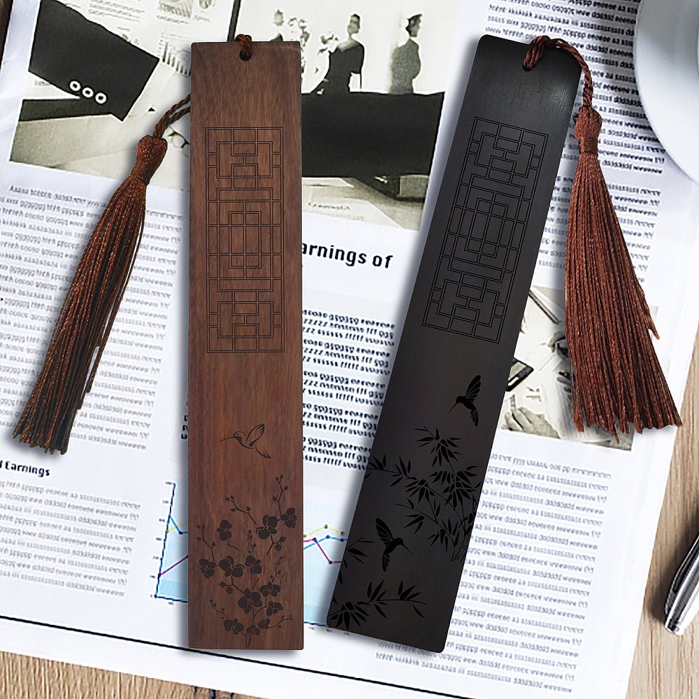 Segnalibro in palissandro e blackwood africano con incisione - Fiori di bamboo e prugna - Clorophilla Shop