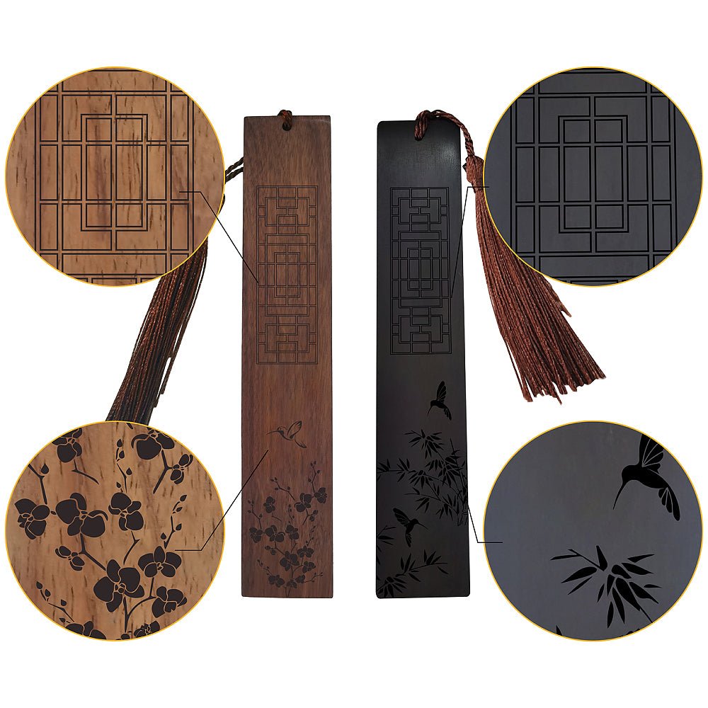 Segnalibro in palissandro e blackwood africano con incisione - Fiori di bamboo e prugna - Clorophilla Shop