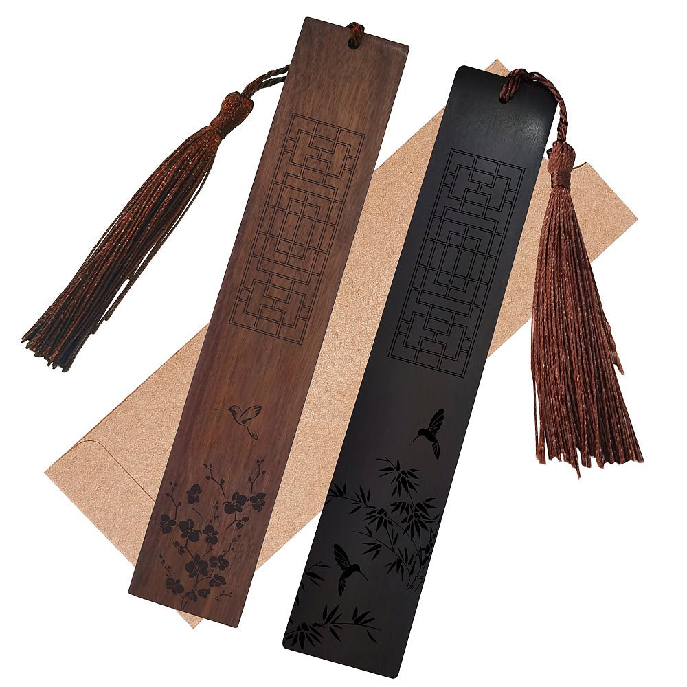 Segnalibro in palissandro e blackwood africano con incisione - Fiori di bamboo e prugna - Clorophilla Shop