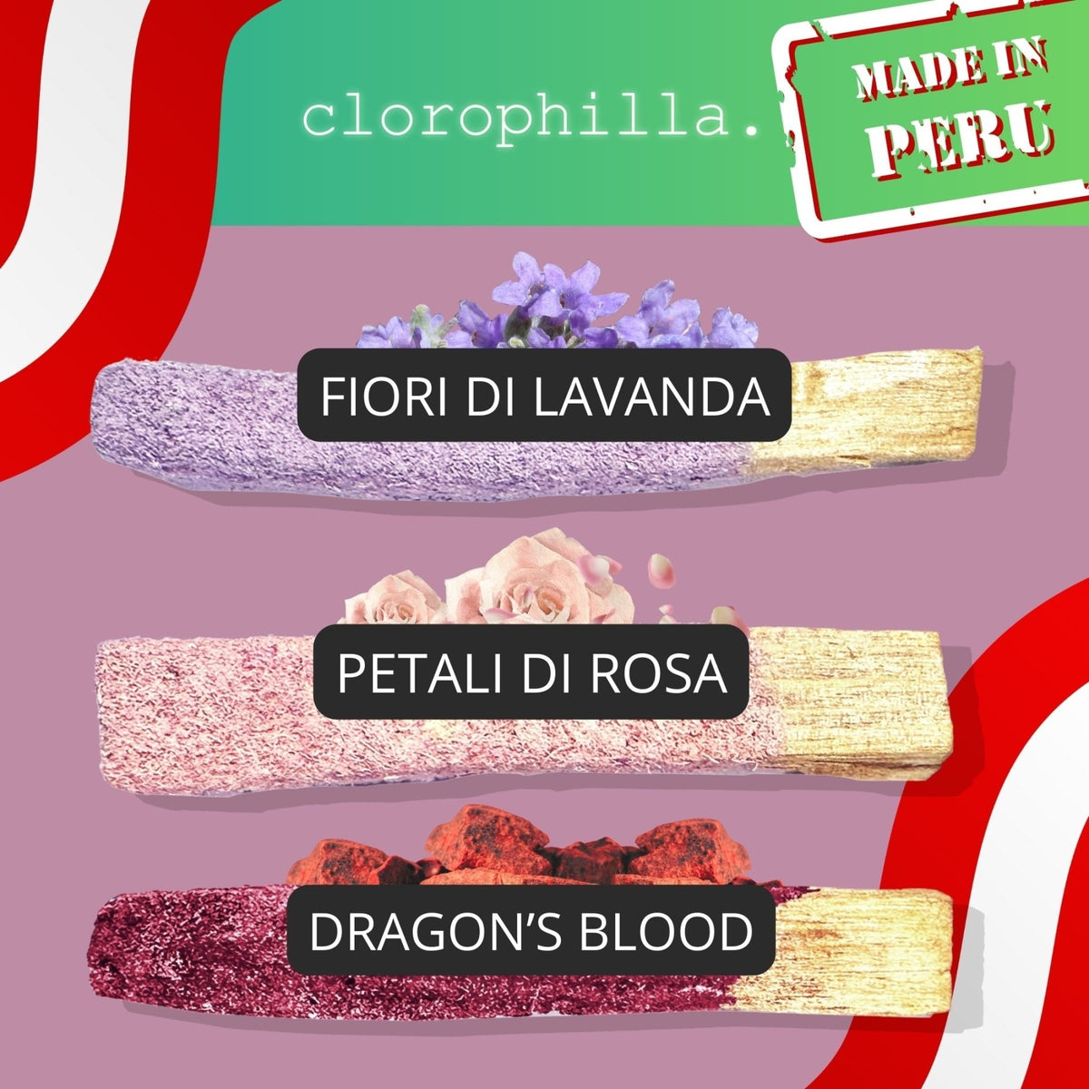 SET BASTONCINI LEGNO DI PALO SANTO RICOPERTI - Lavanda, Rosa e Dragon's blood - Clorophilla Shop