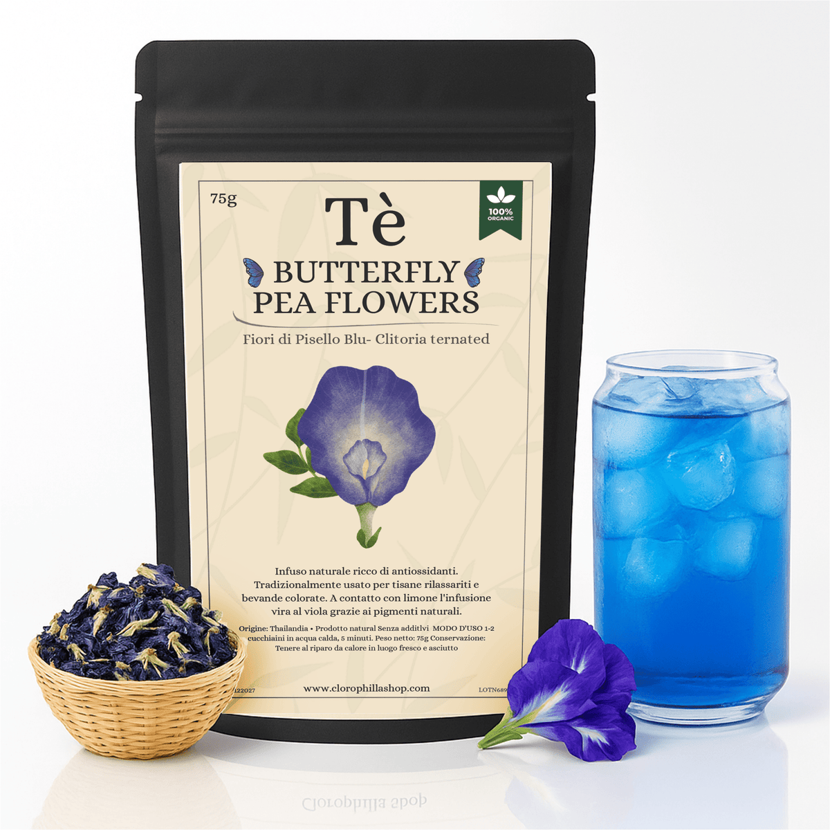 Tè Blue Butterfly Pea - Fiori di Piselli blu Farfalla - Ansia e Stress, Antiossidante Naturale -75g - Clorophilla Shop
