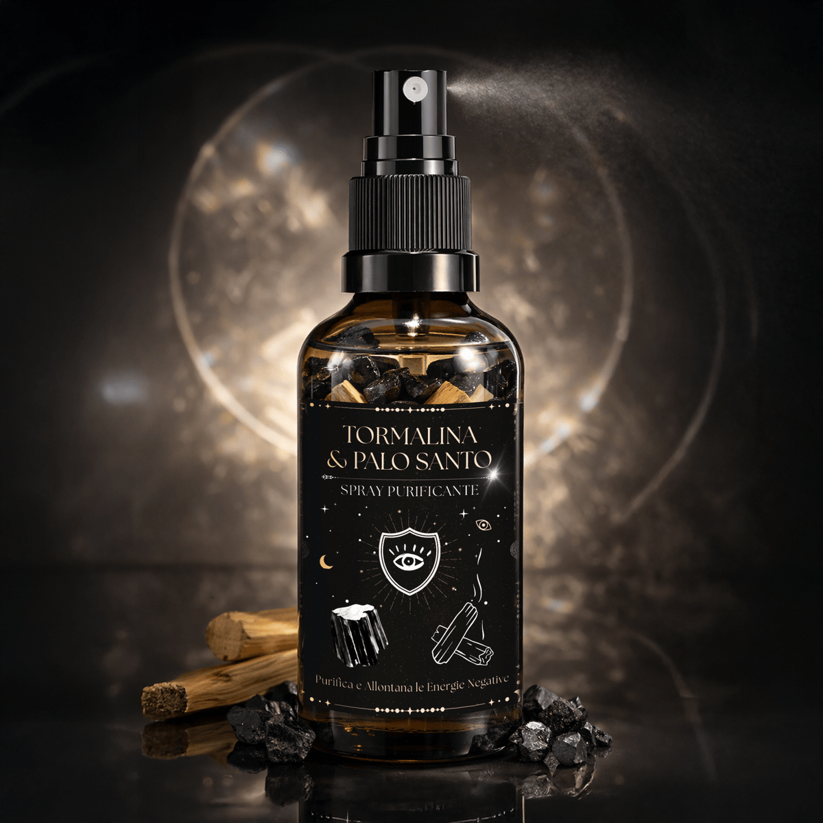 TORMALINA & PALO SANTO - Spray Purificante con nuggets tormalina e chips di palo santo - 60ml - Clorophilla Shop