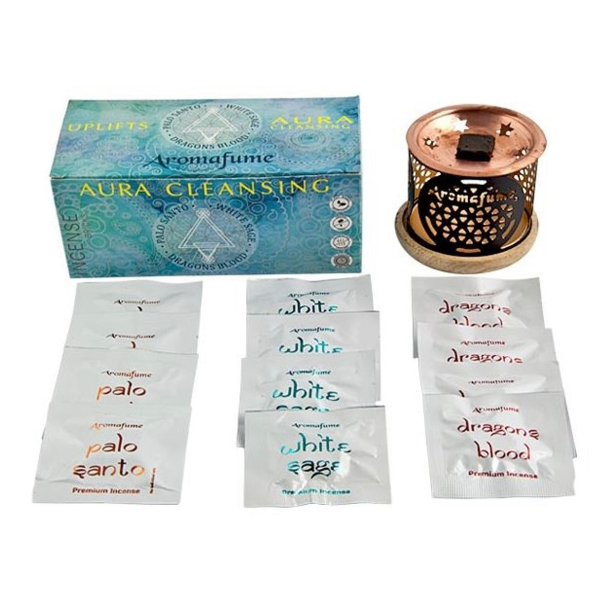 Aromafume Aura Cleasing Kit Bruciaincenso + 12 Mattoncini di incenso (Salvia bianca, Sangue di drago e Palo Santo) - Niente Fumo e Cenere | Scopri su Clorophilla Shop